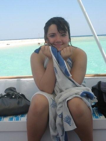 Sian wrapped in a towel after snorkelling