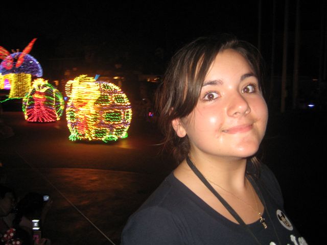 Illuminated parade floats at night