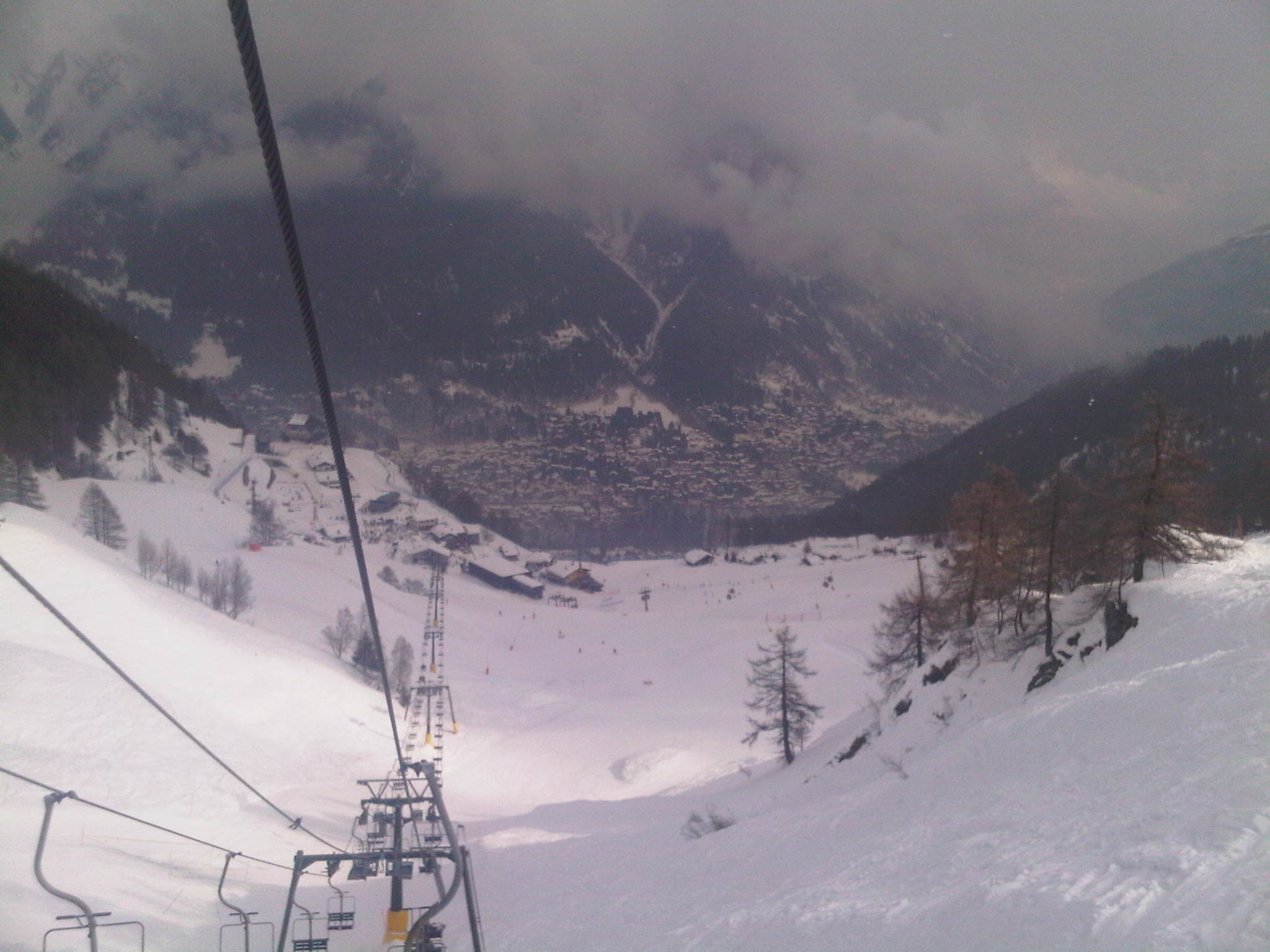 View down the mountain from the ski lift over the valley