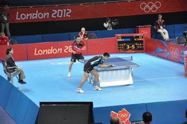 A table tennis match at the ExCel Centre