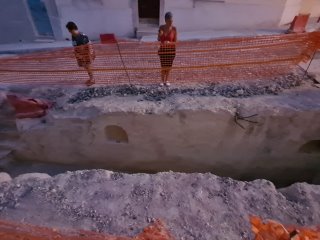 Road works outside the Psaila house