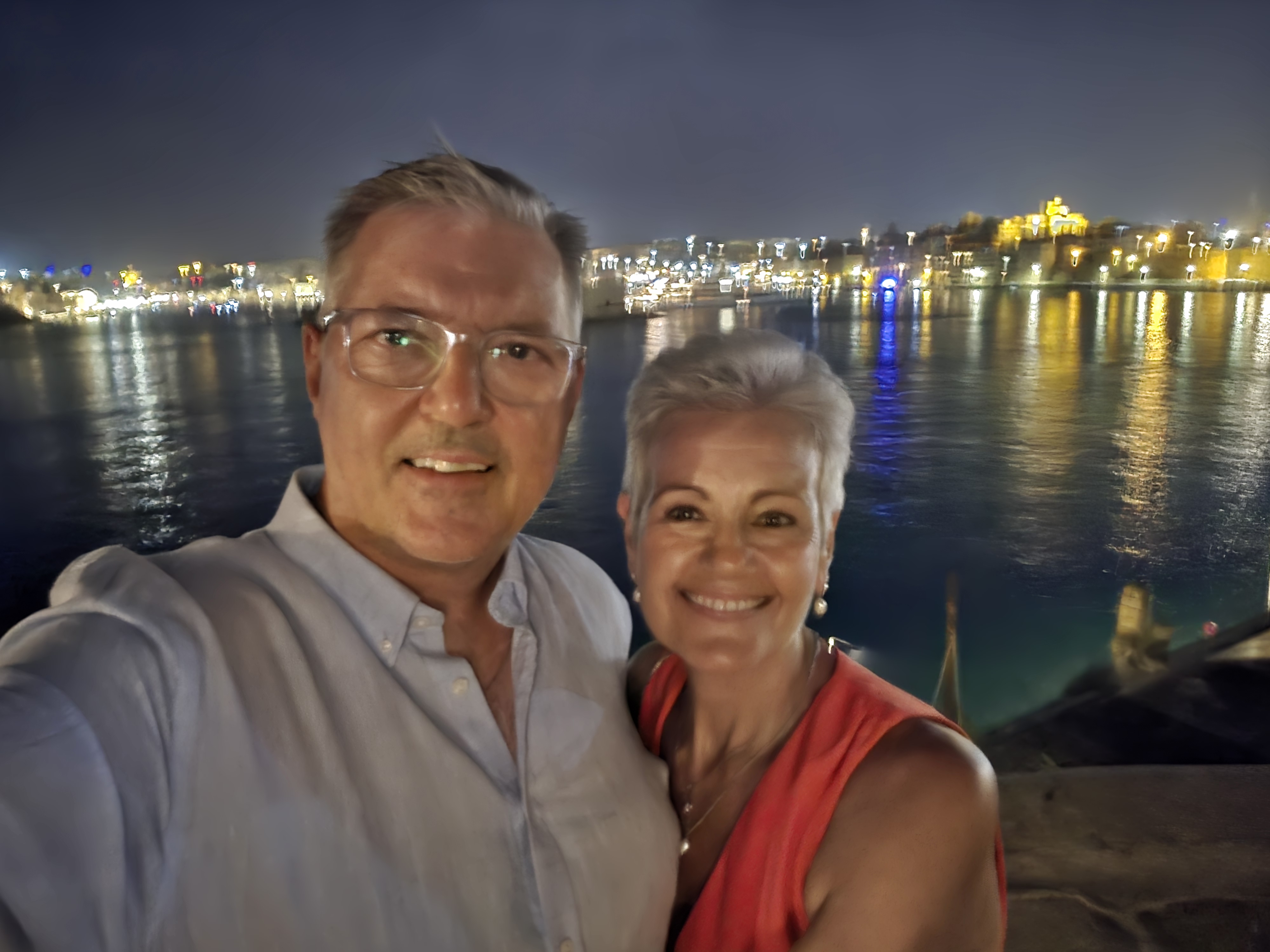 Nighttime waterfront view