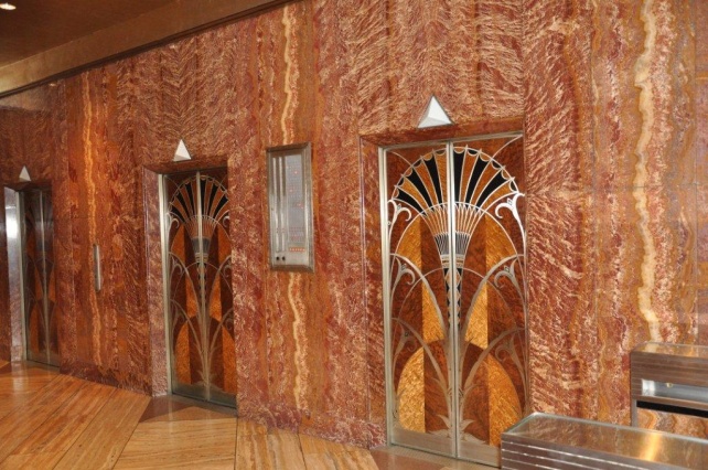 The art deco elevator doors in the Chrysler Building lobby