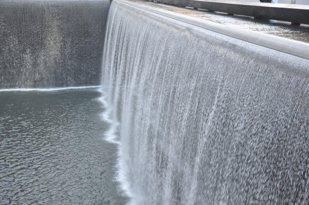 Close-up of the waterfall at the Ground Zero memorial pool